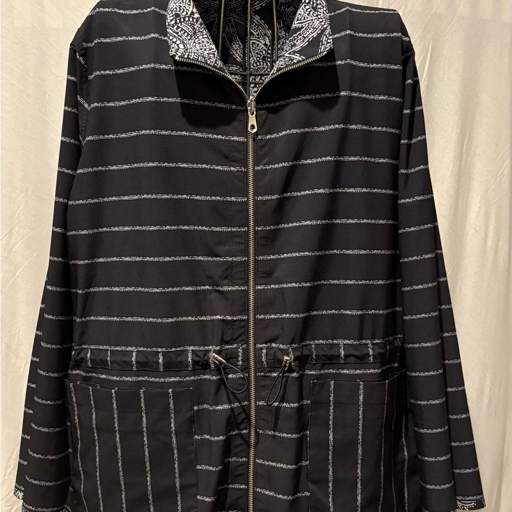 Chico's Reversible Black and White Striped Rain/Utility Jacket